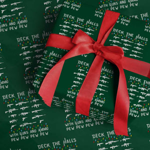 Deck the Halls with Guns and Ammo Wrapping Paper Roll Funny Pew Pew Christmas Meme for Second Amendment Fans TS02 Green Print Your Wear