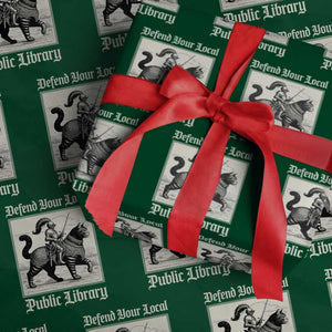Defend Your Local Public Library Wrapping Paper Roll Knight Cat for Fantasy Book Lovers TS11 Green Print Your Wear