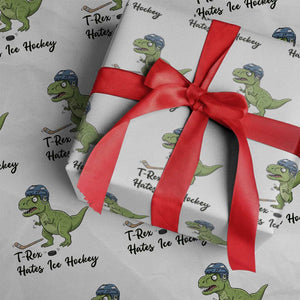 Dino Hates Ice Hockey Wrapping Paper Roll Funny Ice Sports Dinosaur Gift TS12 White Print Your Wear