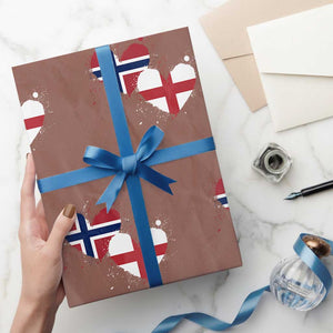 Distressed Norway and England Crossed Flags Dual Heart Graphic Wrapping Paper Roll Love Half Norwegian Half English Pride TS02 Mocha Print Your Wear
