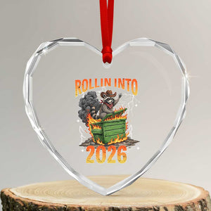 Dumpster Fire Raccoon Meme for Surviving 2025 Heart Crystal Glass Ornament Rollin Into 2026 Trash Panda Energy TS02 Transparent Glass 3'' Heart Print Your Wear