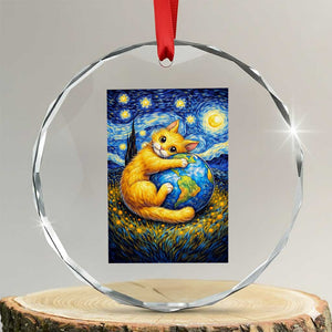 Earth Day Crystal Glass Ornament Starry Night Cat Hugging Earth TS12 Transparent Glass 3'' Circle Print Your Wear