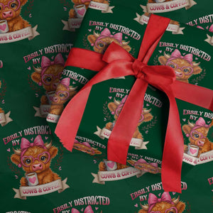 Easily Distracted By Cow And Coffee Wrapping Paper Roll Funny Highland Cow TS12 Green Print Your Wear