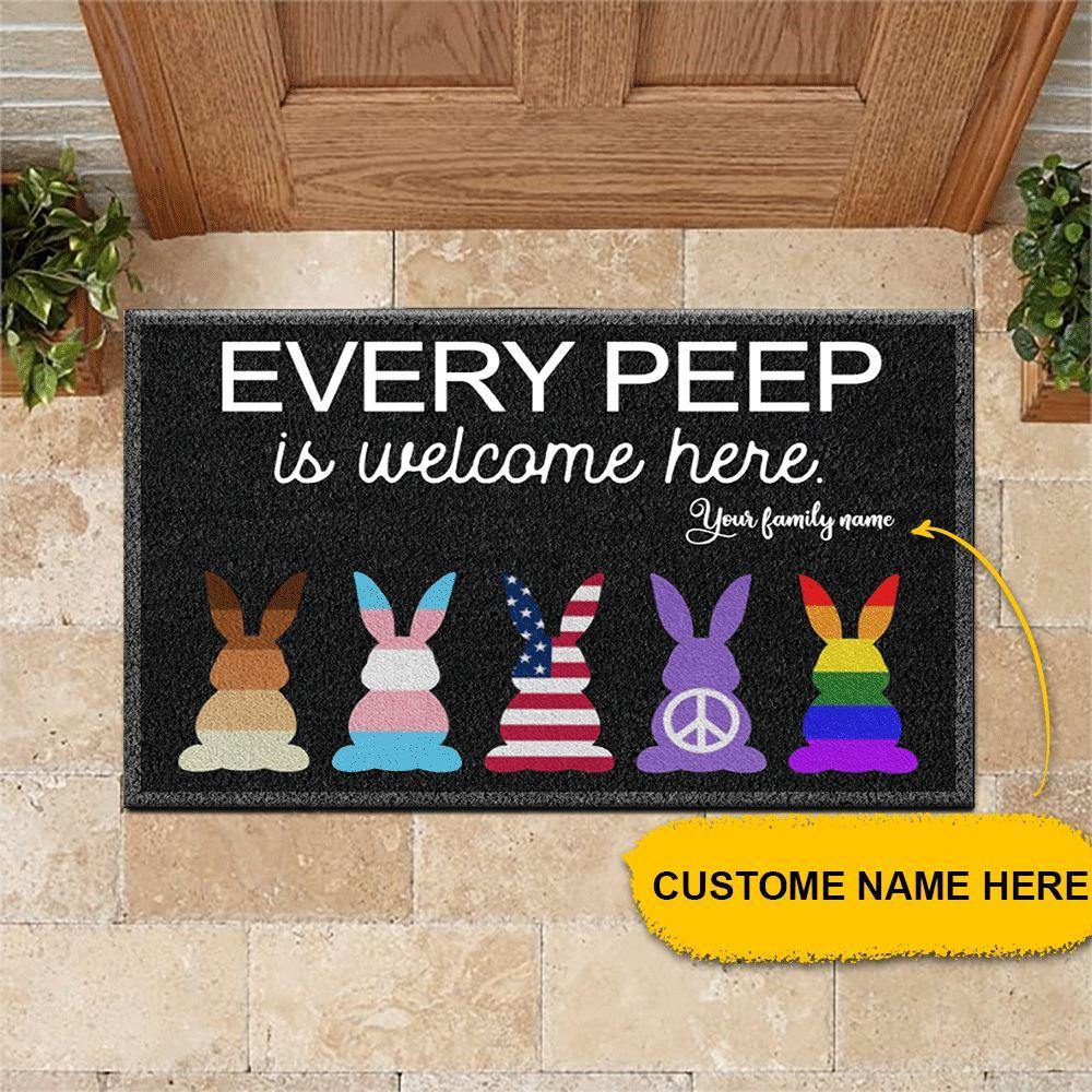Easter Personalized Hippe LGBT Black Doormat Every Peep Is Welcome Here CTM Custom - Printyourwear