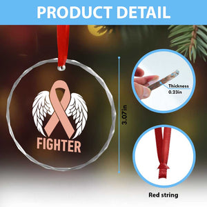 Endometrial Cancer Fighter Crystal Glass Ornament Peach Ribbon Angel Wings Survivor