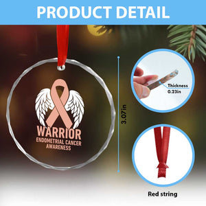Endometrial Cancer Warrior Crystal Glass Ornament Peach Ribbon Angel Wings Support