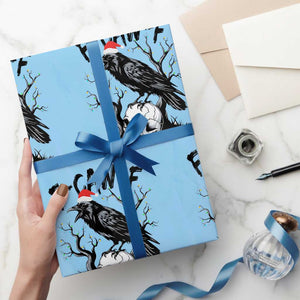F Caw F Gothic Xmas Raven Wrapping Paper Roll With Skull Funny Dark Holiday Humor Spooky Season TS02 Light Blue Print Your Wear