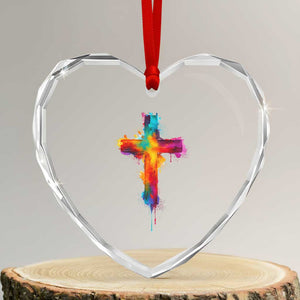 Faith Cross Heart Crystal Glass Ornament Christian Believe Blessed By God Colorful Watercolor Graphic TS10 Transparent Glass 3'' Heart Print Your Wear