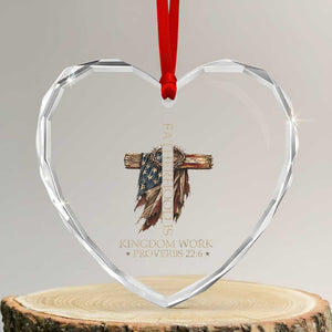 Fatherhood Is Kingdom Work Heart Crystal Glass Ornament Vintage American Flag Christian Dad Gift