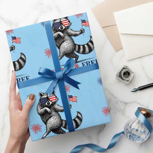 Feral and Free Dancing Raccoon Wrapping Paper Roll Funny 4th July Patriotic Animal US Flag and Fireworks TS02 Light Blue Print Your Wear