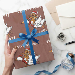 Festive Goose On The Loose Christmas Wrapping Paper Roll Funny Goose Gingerbread Xmas TS14 Mocha Print Your Wear