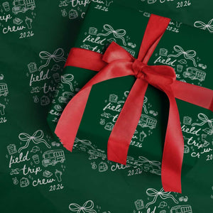 Field Trip Crew 2026 Coquette Bow Wrapping Paper Roll Hand Drawn Doodle Graphic Teacher Chaperone TS02 Green Print Your Wear