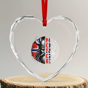 Fierce Norge Viking Warrior with Horned Helmet Graphic Heart Crystal Glass Ornament Norway Pride Distressed Norwegian Flag and Runes TS02 Transparent Glass 3'' Heart Print Your Wear
