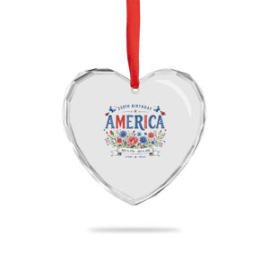 Floral 250th Birthday of America 250 Years USA Patriotic Heart Crystal Glass Ornament
