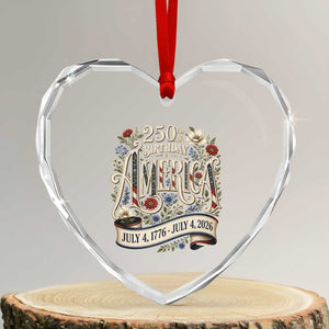 Floral America 250th Birthday Heart Crystal Glass Ornament 4th of July America 250 Years Retro