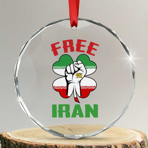 Free Iran Raised Fist and Persian Flag Clover Crystal Glass Ornament Lion and Sun Freedom Fighter Iranian Revolution TS02 Transparent Glass 3'' Circle Print Your Wear