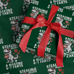 Funny 67 Meme Valentines Day Dinosaur Wrapping Paper Roll Stealing Hearts And Blasting 67 Farts TS11 Green Print Your Wear