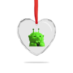 Funny Alien Cat Meme Heart Crystal Glass Ornament Funny Kitten 90s Retro Vintage Graphic Weird Cats Y2k TS10 Print Your Wear
