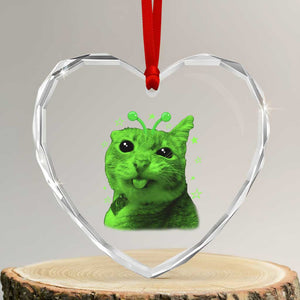 Funny Alien Cat Meme Retro Y2K Vintage Space Kitty Heart Crystal Glass Ornament
