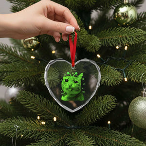 Funny Alien Cat Meme Retro Y2K Vintage Space Kitty Heart Crystal Glass Ornament