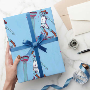 Funny Alien Cowboy Dunking Basketball Wrapping Paper Roll San Antonio Skyline