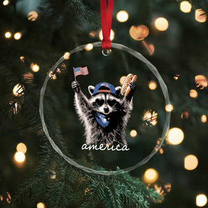 Funny America Raccoon Happy 4th of July Crystal Glass Ornament Holding Hotdog and US Flag Patriotic Graphic TS02 Print Your Wear