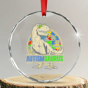 Funny Autism Awareness Dinosaur Crystal Glass Ornament Autismsaurus Puzzle Pieces TS11 Transparent Glass 3'' Circle Print Your Wear