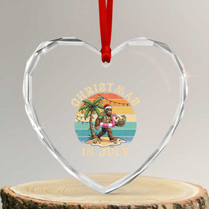 Funny Bigfoot Christmas In July Beach Vacation Heart Crystal Glass Ornament