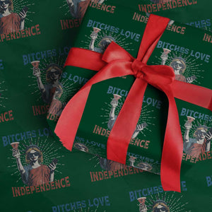 Funny Bitches Love Independence 4th Of July Wrapping Paper Roll Retro Statue Of Liberty - Print Your Wear