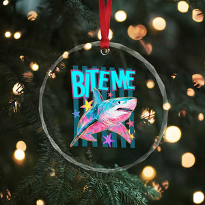 Funny Bite Me Shark Lover Crystal Glass Ornament Summer Beach Nautical Stripes Glitter Print