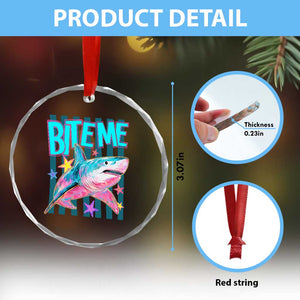 Funny Bite Me Shark Lover Crystal Glass Ornament Summer Beach Nautical Stripes Glitter Print