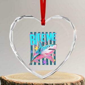 Funny Bite Me Shark Lover Heart Crystal Glass Ornament Summer Beach Nautical Stripes Glitter Print