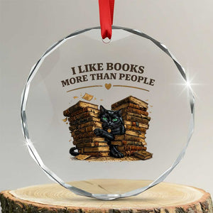 Funny Black Cat Bookworm Quote Crystal Glass Ornament I Like Books More Than People