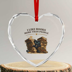 Funny Black Cat Bookworm Quote Heart Crystal Glass Ornament I Like Books More Than People
