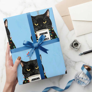 Funny Black Cat Christmas Wrapping Paper Roll Judging You Silently TS14 Light Blue Print Your Wear