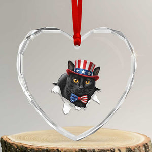 Funny Black Cat With Uncle Sam Hat Heart Crystal Glass Ornament Patriotic Pet Lover