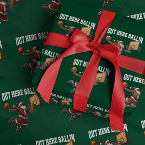 Funny Black Santa Christmas Basketball Wrapping Paper Roll Out Here Ballin Xmas Santa Sport TS11 Green Print Your Wear