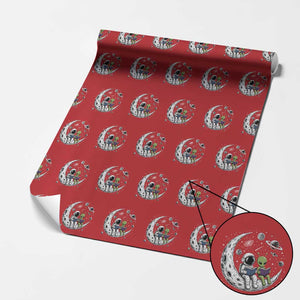 Funny Bookworm In Space Wrapping Paper Roll Cute Astronaut And Alien Reading TS12 Red Print Your Wear