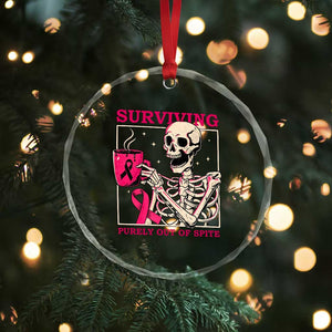 Funny Breast Cancer Skeleton Drinking Coffee Crystal Glass Ornament Surviving Purely Out Of Spite Pink Ribbon Warrior
