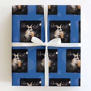 Funny Bunny Drinking Iced Coffee Wrapping Paper Roll Animal Meme Viral Internet TS14 Royal Blue Print Your Wear
