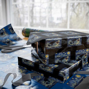Funny Cat Biting Shark Starry Night Inspired Art Wrapping Paper Roll