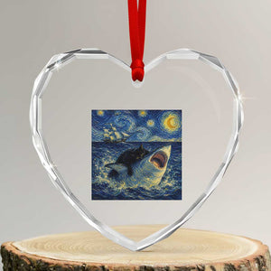 Funny Cat Biting Shark Starry Night Inspired Art Heart Crystal Glass Ornament