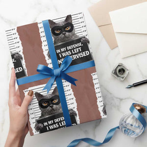 Funny Cat Mugshot Wrapping Paper Roll In My Defense I Was Left Unsupervised TS12 Mocha Print Your Wear