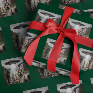 Funny Cat Selfie with Easter Bunny Bigfoot UFO Wrapping Paper Roll TS11 Green Print Your Wear