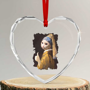Funny Cat With A Pearl Earring Parody Art Heart Crystal Glass Ornament TS12 Transparent Glass 3'' Heart Print Your Wear