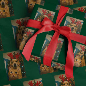 Funny Cat With Dog Selfie Christmas Wrapping Paper Roll Pet Lover Xmas Gift TS14 Green Print Your Wear