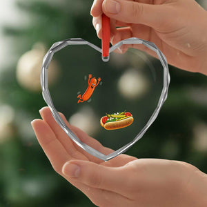 Funny Chicago Style Hot Dog Sausage Jumping Into Bun BBQ Heart Crystal Glass Ornament