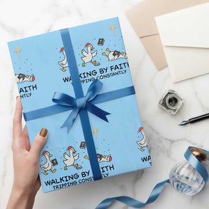Funny Christian Goose Christmas Wrapping Paper Roll Walking By Faith Tripping Constantly TS14 Light Blue Print Your Wear