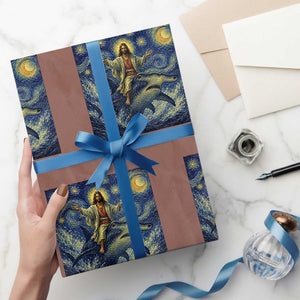 Funny Christian Jesus Riding Hammerhead Shark Wrapping Paper Roll Starry Night Inspired Art