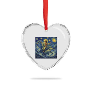 Funny Christian Jesus Riding Hammerhead Shark Heart Crystal Glass Ornament Starry Night Inspired Art